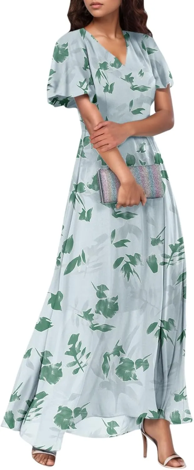 Flowy Maxi Dresses for Women Summer High Waist Dresses Chiffon Flutter Sleeve Plus Size Casual Floral Dress