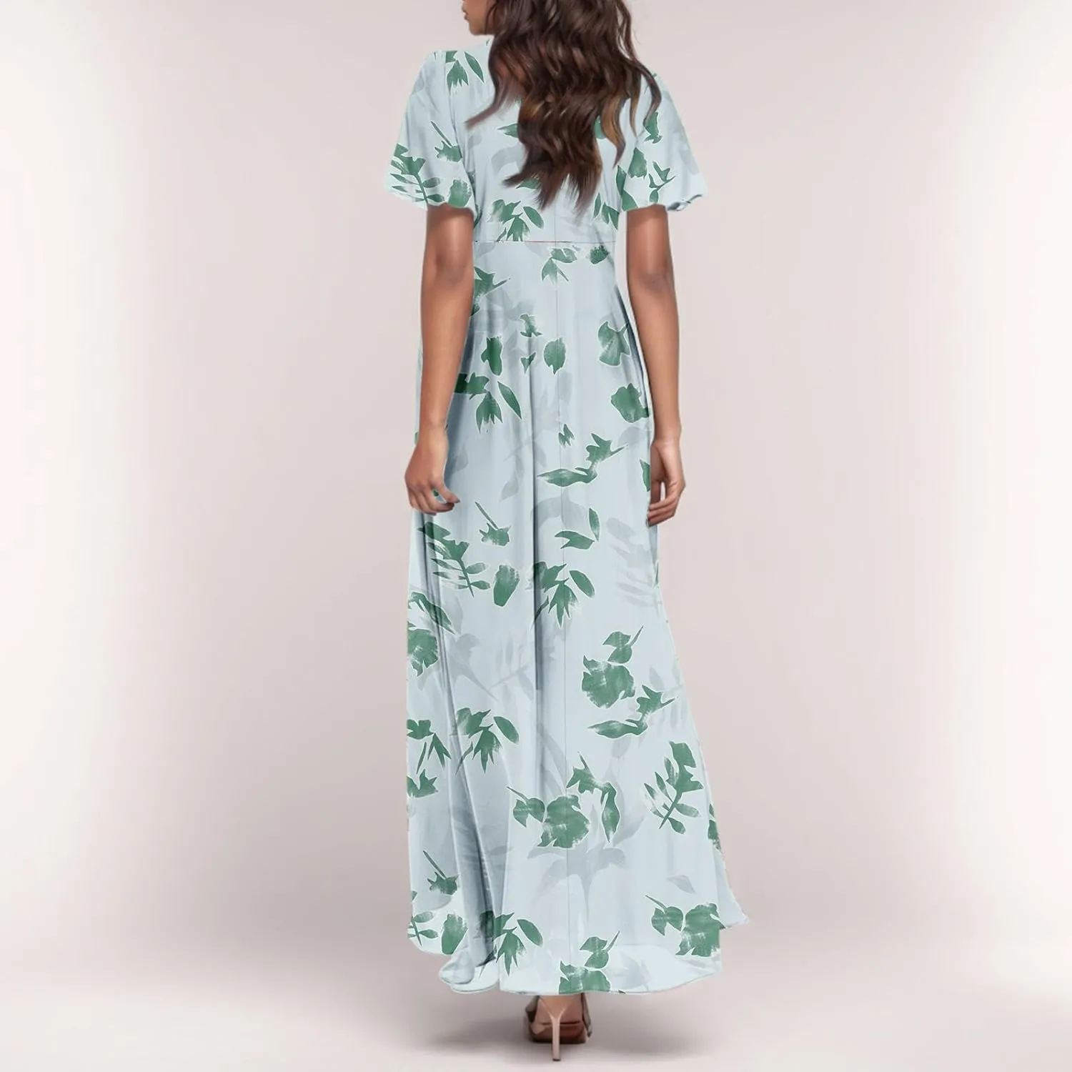 Flowy Maxi Dresses for Women Summer High Waist Dresses Chiffon Flutter Sleeve Plus Size Casual Floral Dress