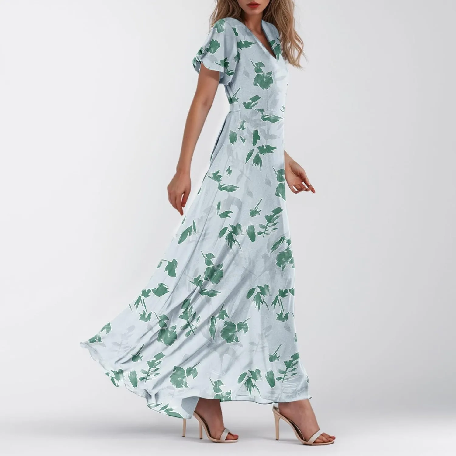 Flowy Maxi Dresses for Women Summer High Waist Dresses Chiffon Flutter Sleeve Plus Size Casual Floral Dress