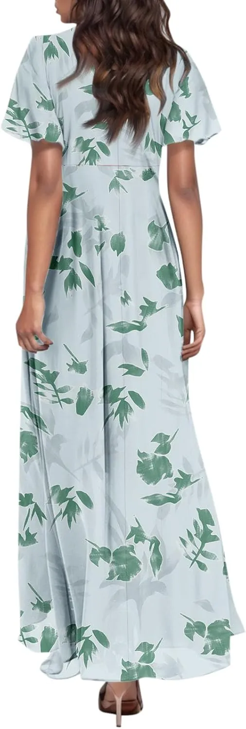 Flowy Maxi Dresses for Women Summer High Waist Dresses Chiffon Flutter Sleeve Plus Size Casual Floral Dress