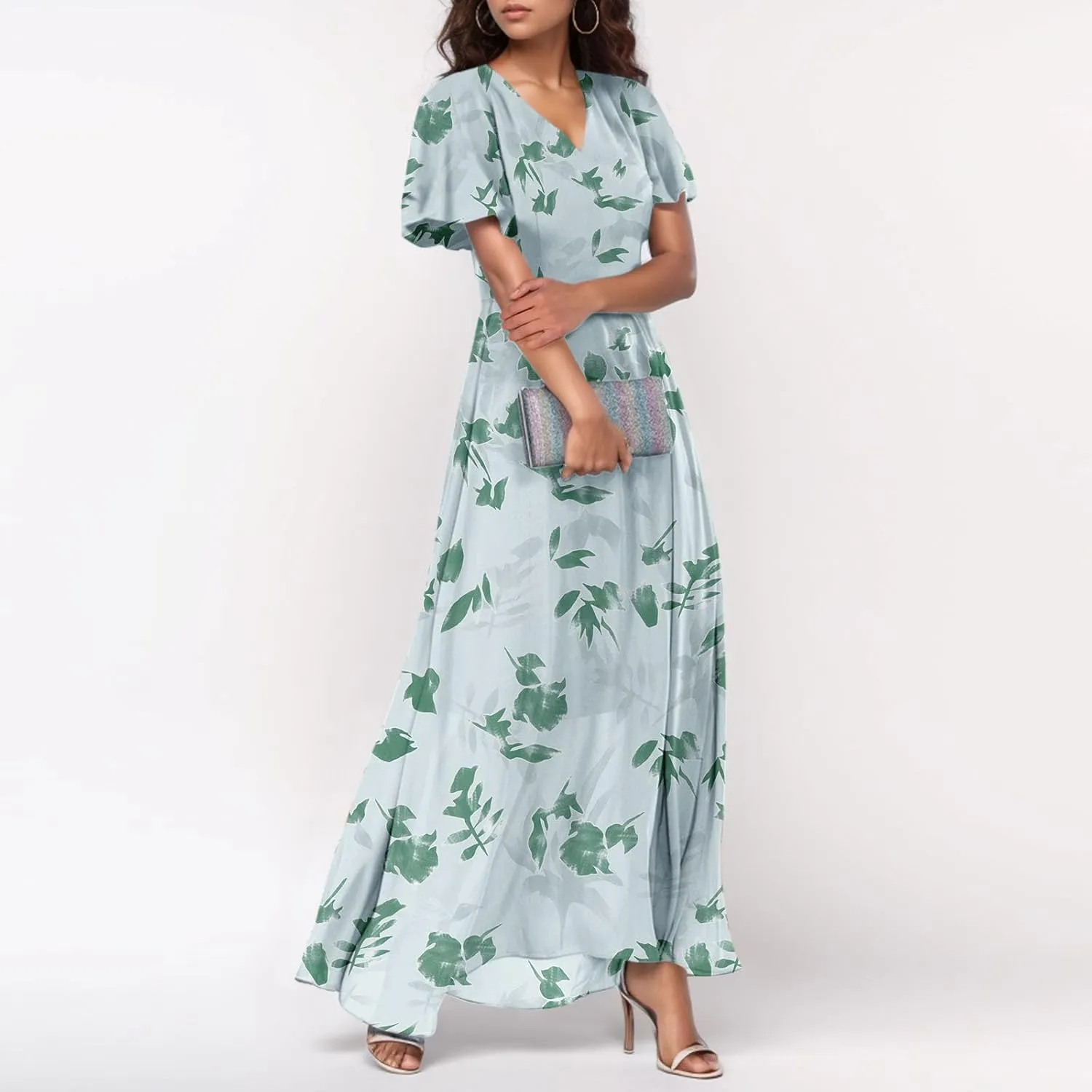 Flowy Maxi Dresses for Women Summer High Waist Dresses Chiffon Flutter Sleeve Plus Size Casual Floral Dress