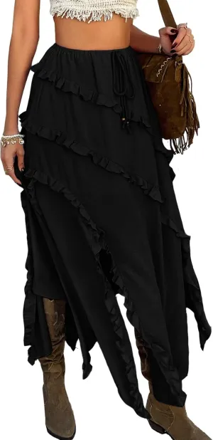 Flowy Maxi Skirt Summer Drawstring Elastic Asymmetrical Ruffle Tiered Slit Hem Waist Long Skirts