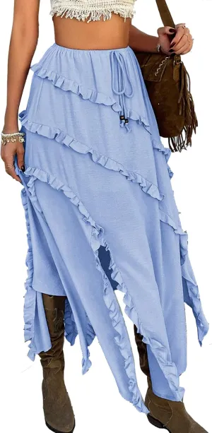 Flowy Maxi Skirt Summer Drawstring Elastic Asymmetrical Ruffle Tiered Slit Hem Waist Long Skirts
