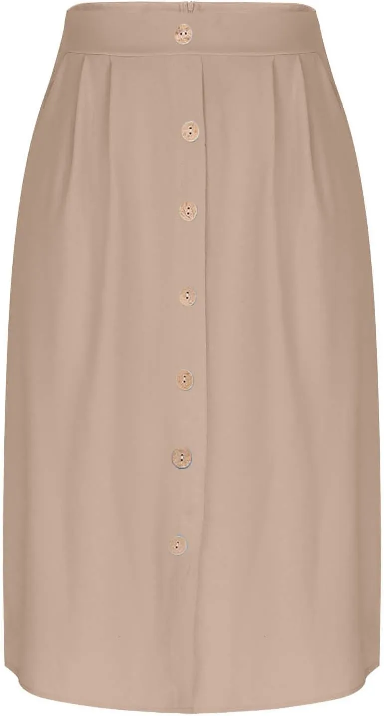Flowy Midi Skirt for Women Summer Trendy Solid Color High Waist Casual Button Front Skirts with Pockets
