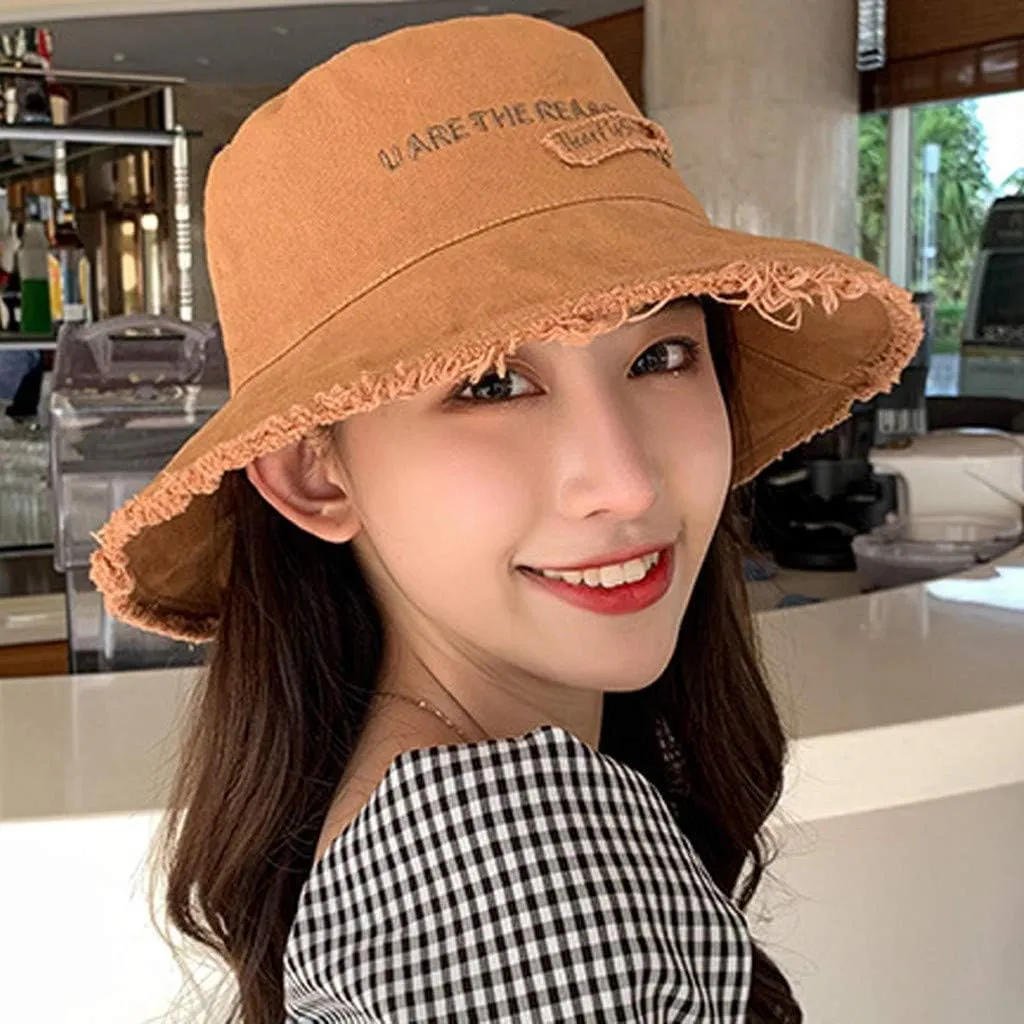 Frayed Bucket Hat for Women Men Trendy Cotton Fishing Cap Floppy Wide Brim Boonie Hat Summer Travel Beach Sun Hat