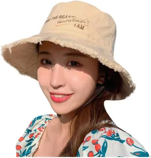 Frayed Bucket Hat for Women Men Trendy Cotton Fishing Cap Floppy Wide Brim Boonie Hat Summer Travel Beach Sun Hat