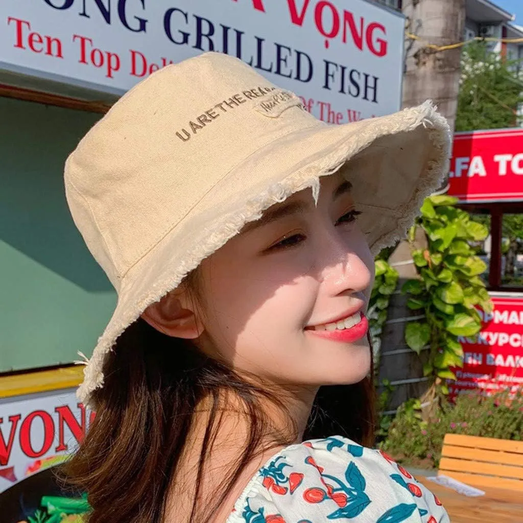 Frayed Bucket Hat for Women Men Trendy Cotton Fishing Cap Floppy Wide Brim Boonie Hat Summer Travel Beach Sun Hat