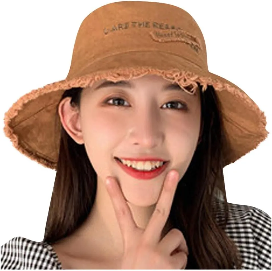 Frayed Bucket Hat for Women Men Trendy Cotton Fishing Cap Floppy Wide Brim Boonie Hat Summer Travel Beach Sun Hat