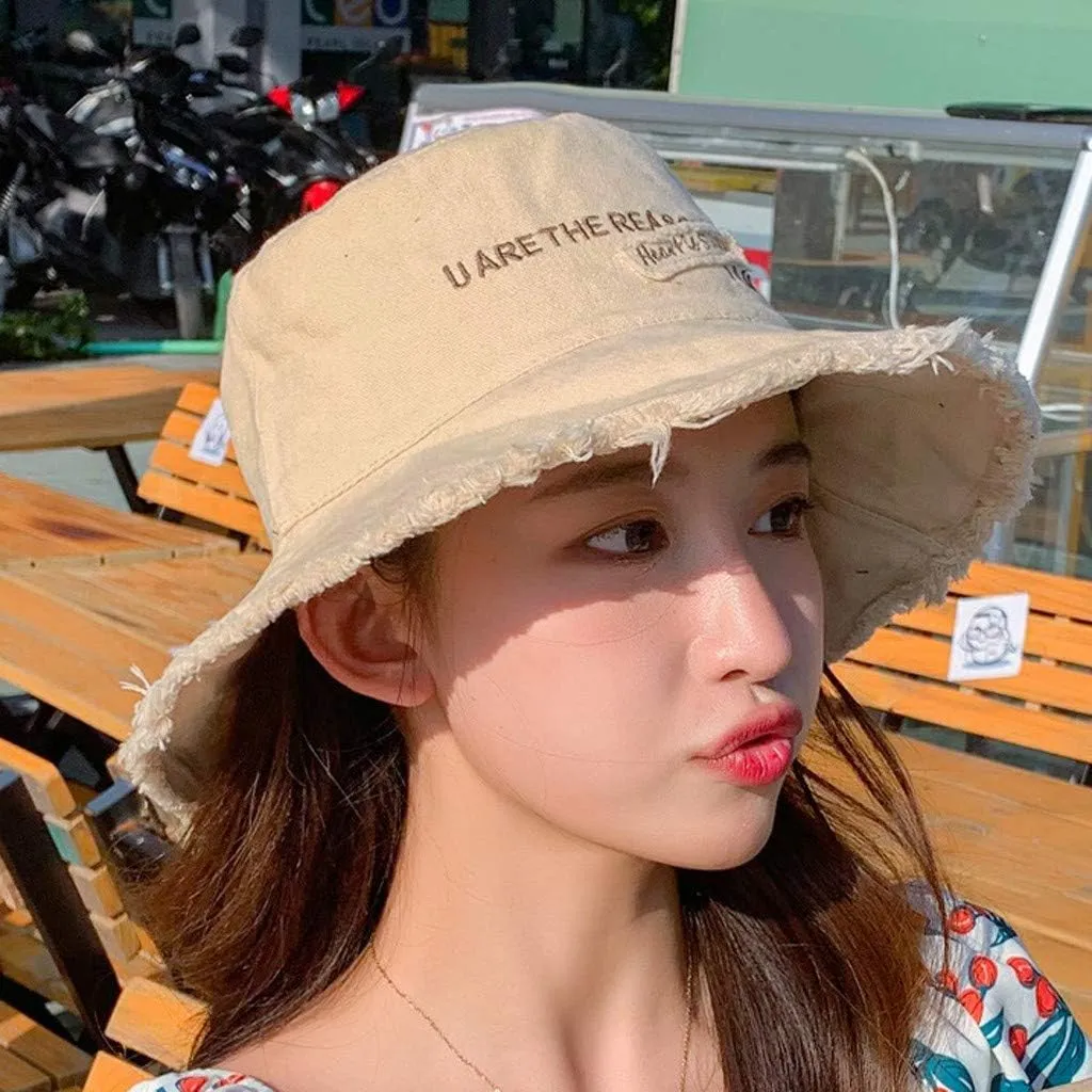 Frayed Bucket Hat for Women Men Trendy Cotton Fishing Cap Floppy Wide Brim Boonie Hat Summer Travel Beach Sun Hat