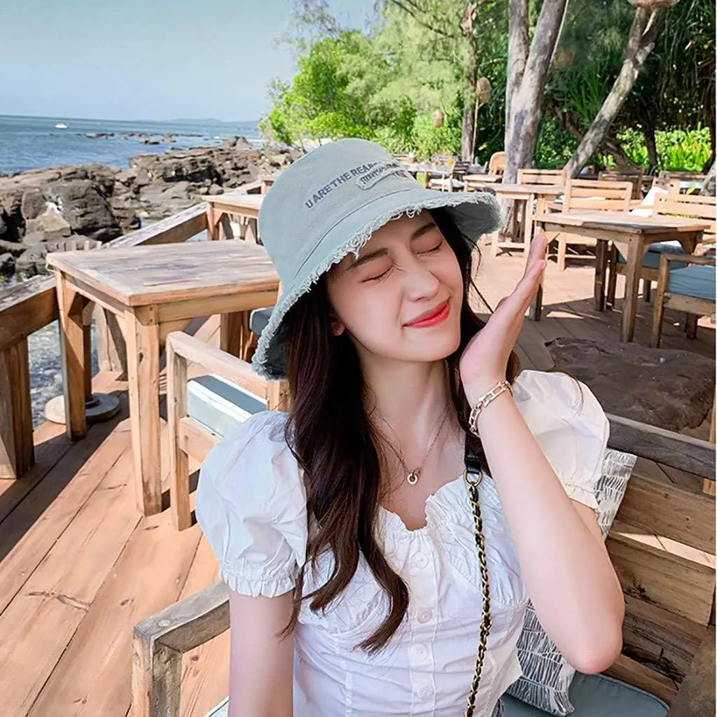 Frayed Bucket Hat for Women Men Trendy Cotton Fishing Cap Floppy Wide Brim Boonie Hat Summer Travel Beach Sun Hat