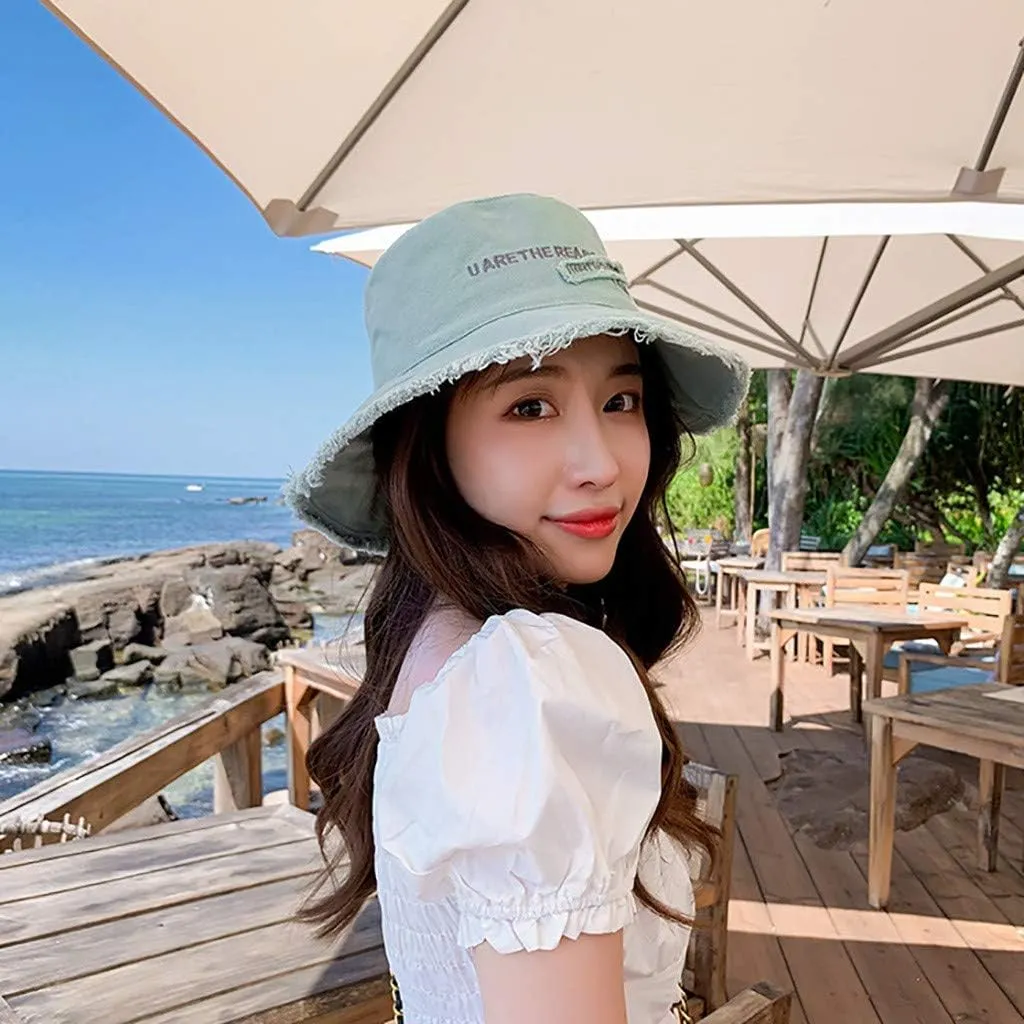 Frayed Bucket Hat for Women Men Trendy Cotton Fishing Cap Floppy Wide Brim Boonie Hat Summer Travel Beach Sun Hat