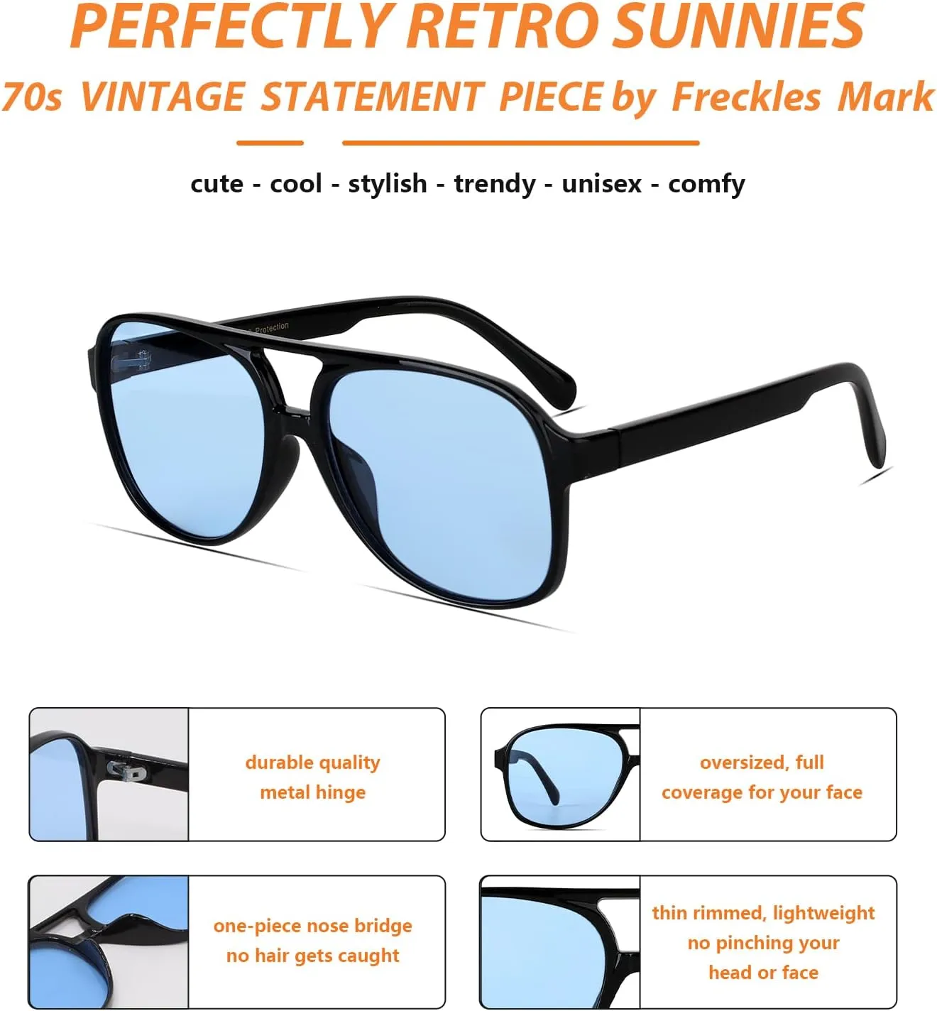 Freckles Mark Vintage Retro 70s Sunglasses for Women Men Classic Large Square Aviator Trendy Glasses