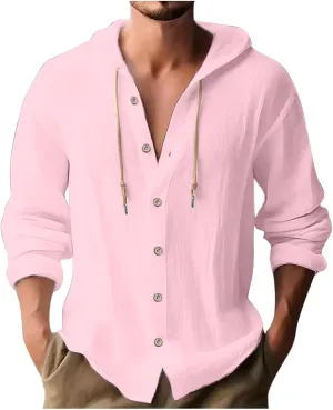 generic Mens Long Sleeve Linen Shirts Drawstring Hooded Sweatshirt Casual Fall Button Shirts Boys Trendy Streetwear Loose Fit