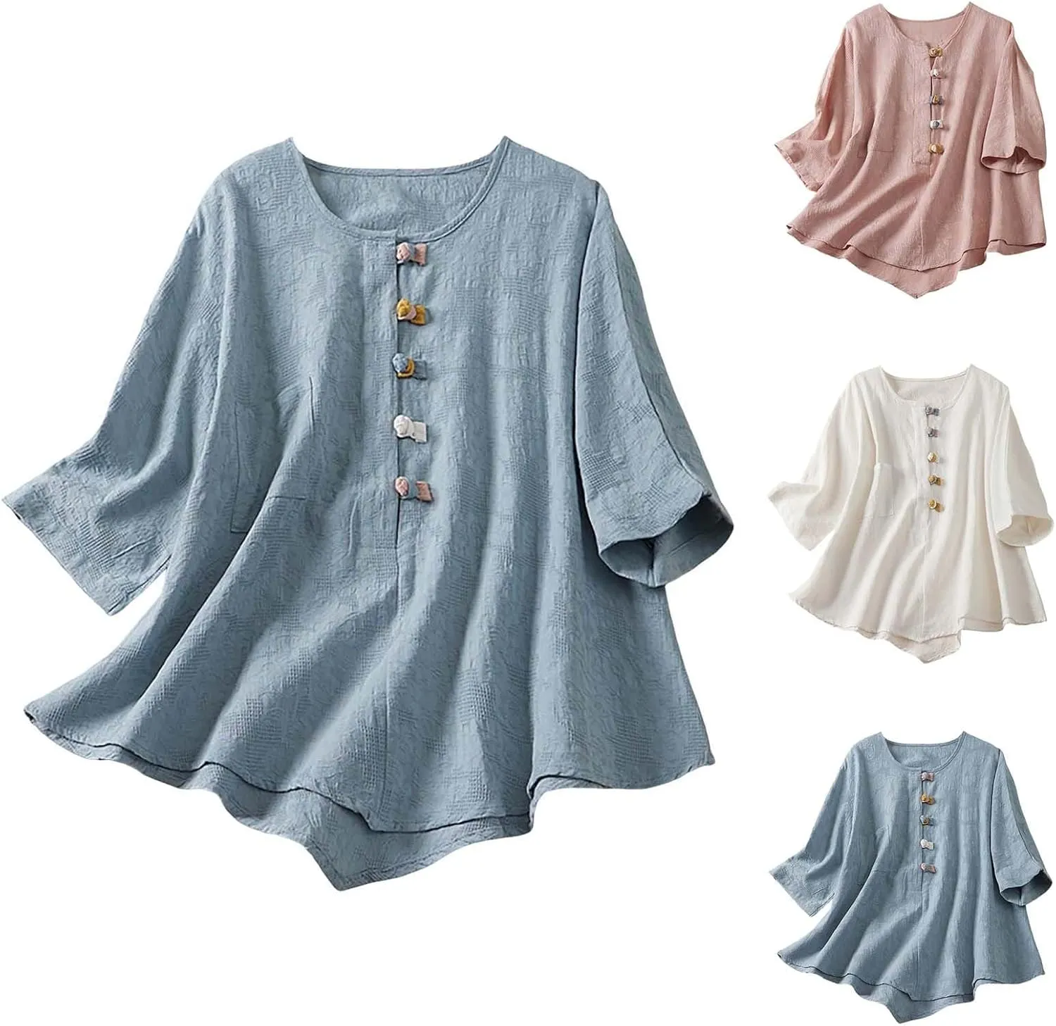 GIERIDUC Women's Cotton Linen Button Short Sleeve Shirts Flowy Summer Loose V Neck Casual Boho Embroidered Tunic Tops Blouse