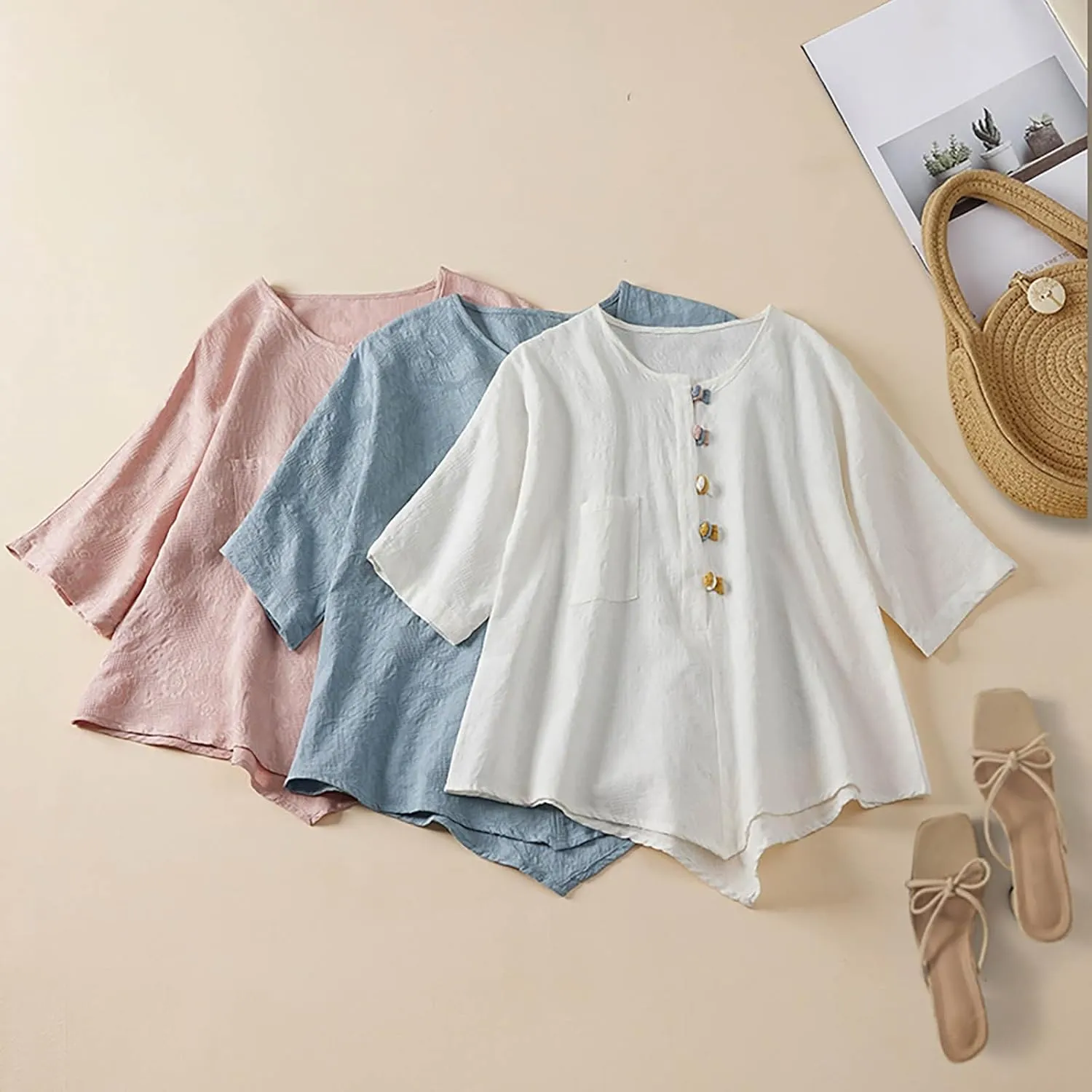 GIERIDUC Women's Cotton Linen Button Short Sleeve Shirts Flowy Summer Loose V Neck Casual Boho Embroidered Tunic Tops Blouse