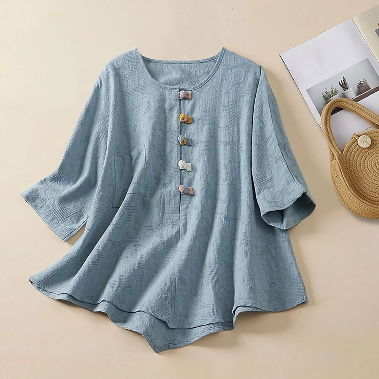 GIERIDUC Women's Cotton Linen Button Short Sleeve Shirts Flowy Summer Loose V Neck Casual Boho Embroidered Tunic Tops Blouse