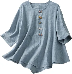GIERIDUC Women's Cotton Linen Button Short Sleeve Shirts Flowy Summer Loose V Neck Casual Boho Embroidered Tunic Tops Blouse