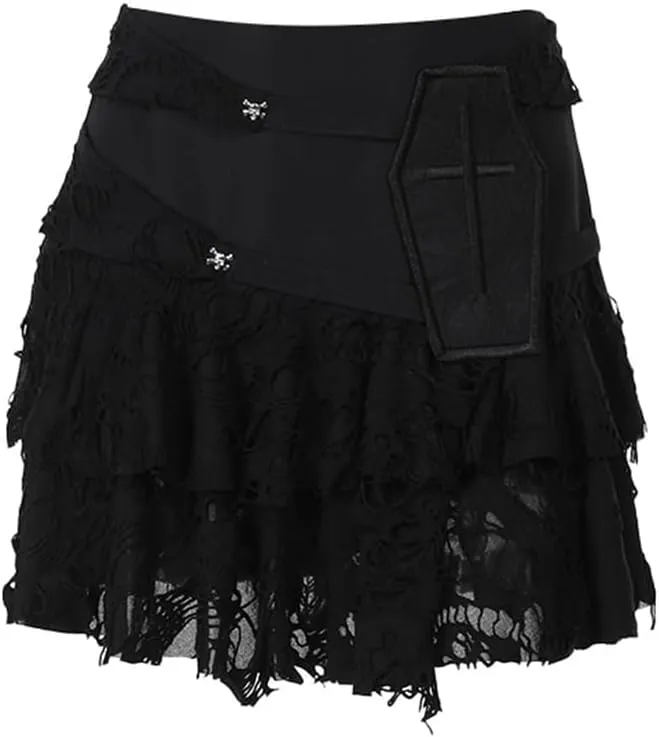 Goth Mini Skirt for Women Black Asymmetrical Punk Pleated Layered Grunge Skirts