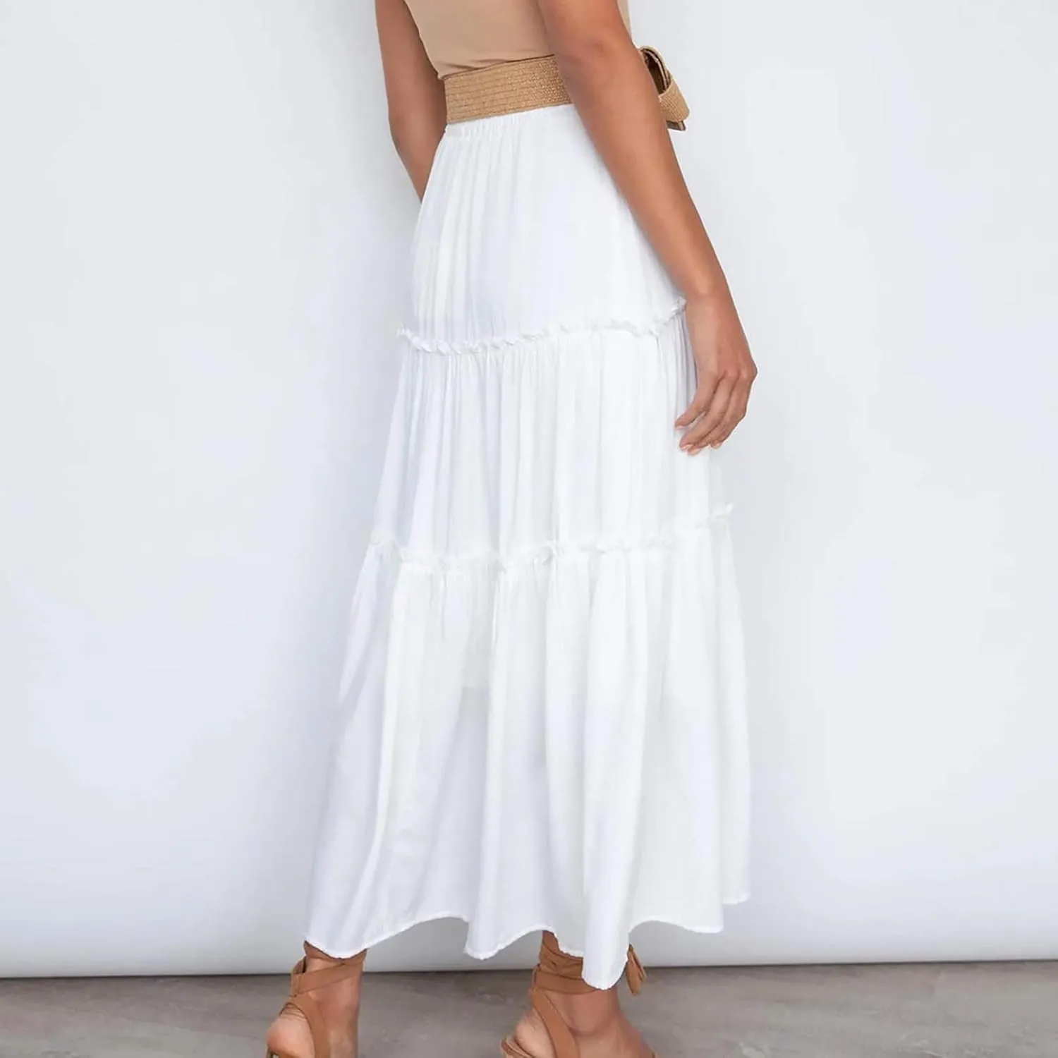 HGps8w Flowy Bohemia Skirts for Women Elastic Waist Drawstring Swing Ruched Layered Tiered Beach Casual Long Maxi Skirt