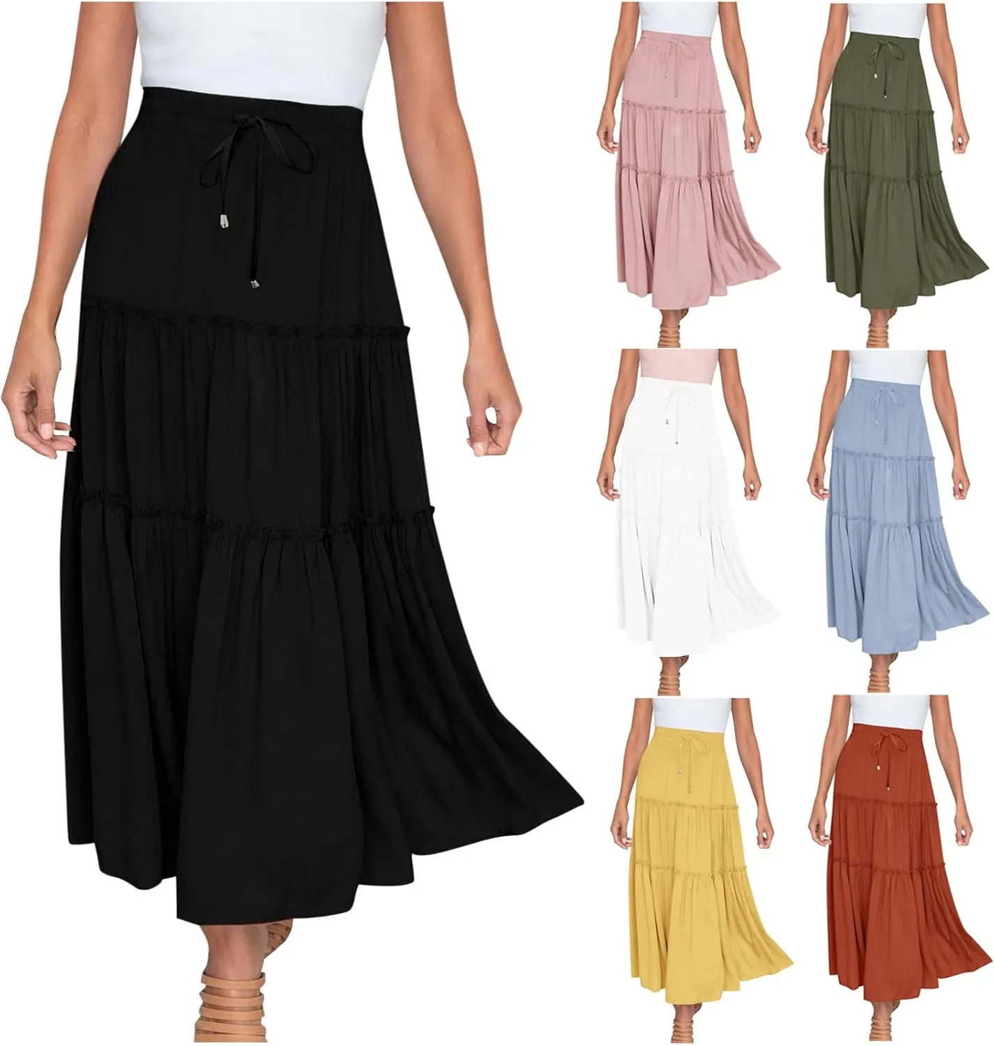 HGps8w Flowy Bohemia Skirts for Women Elastic Waist Drawstring Swing Ruched Layered Tiered Beach Casual Long Maxi Skirt