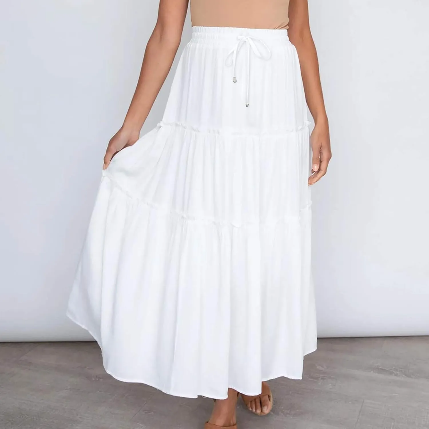 HGps8w Flowy Bohemia Skirts for Women Elastic Waist Drawstring Swing Ruched Layered Tiered Beach Casual Long Maxi Skirt