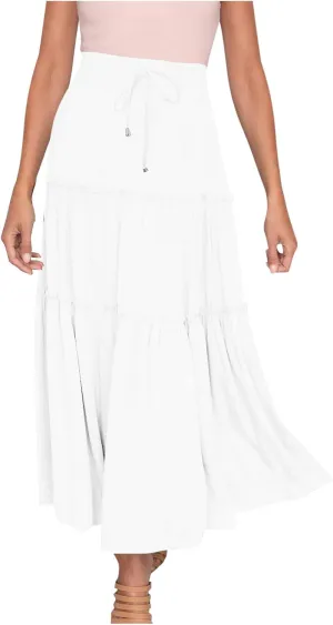 HGps8w Flowy Bohemia Skirts for Women Elastic Waist Drawstring Swing Ruched Layered Tiered Beach Casual Long Maxi Skirt
