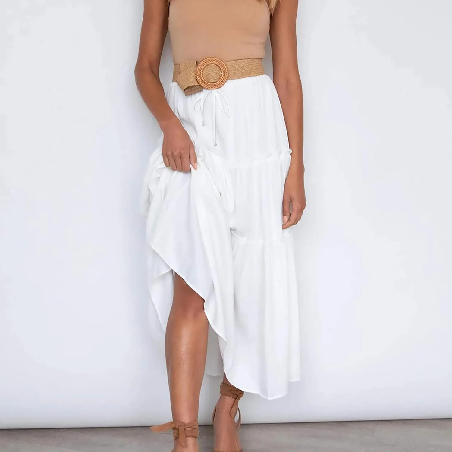 HGps8w Flowy Bohemia Skirts for Women Elastic Waist Drawstring Swing Ruched Layered Tiered Beach Casual Long Maxi Skirt