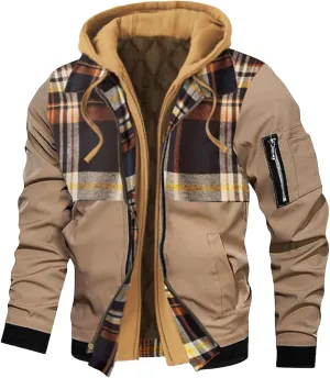 Hooded Jackets for Men Casual Thicken Bomber Jacket Quilted Lined Long Sleeve Plaid Color Block Zip Up Hoodies Coat