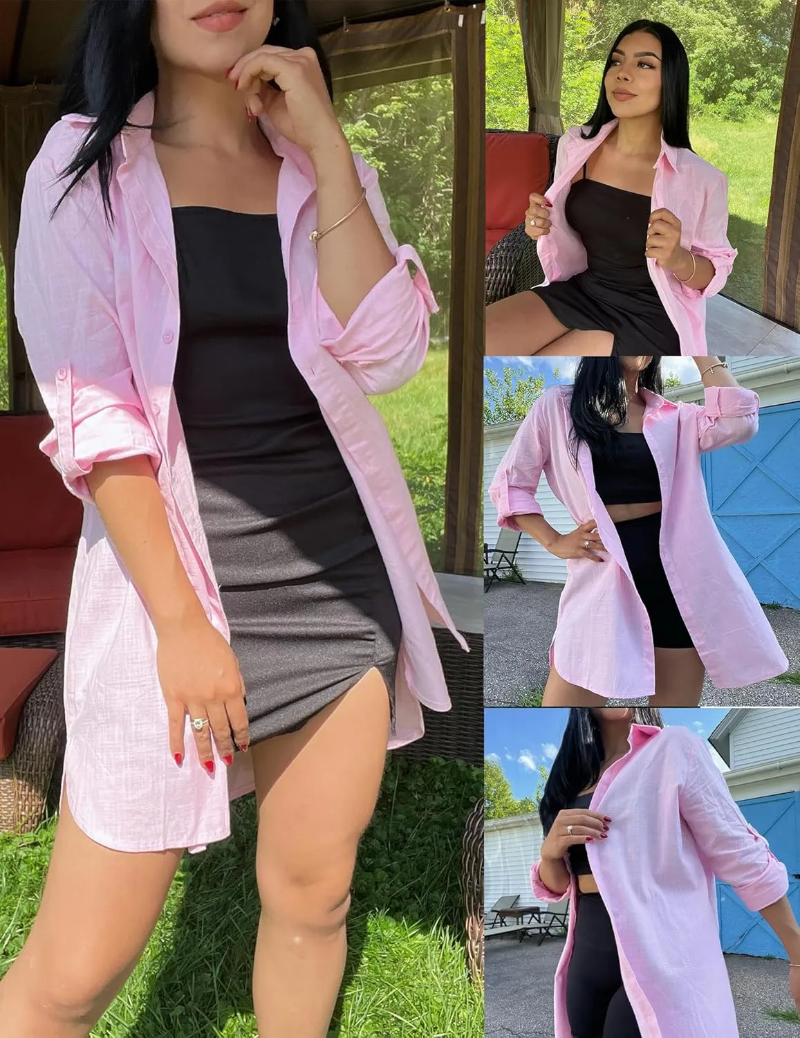HOTOUCH Women Boyfriend Shirts Button Down Long Sleeve Blouse Cuffed Sleeve Collared Shirt