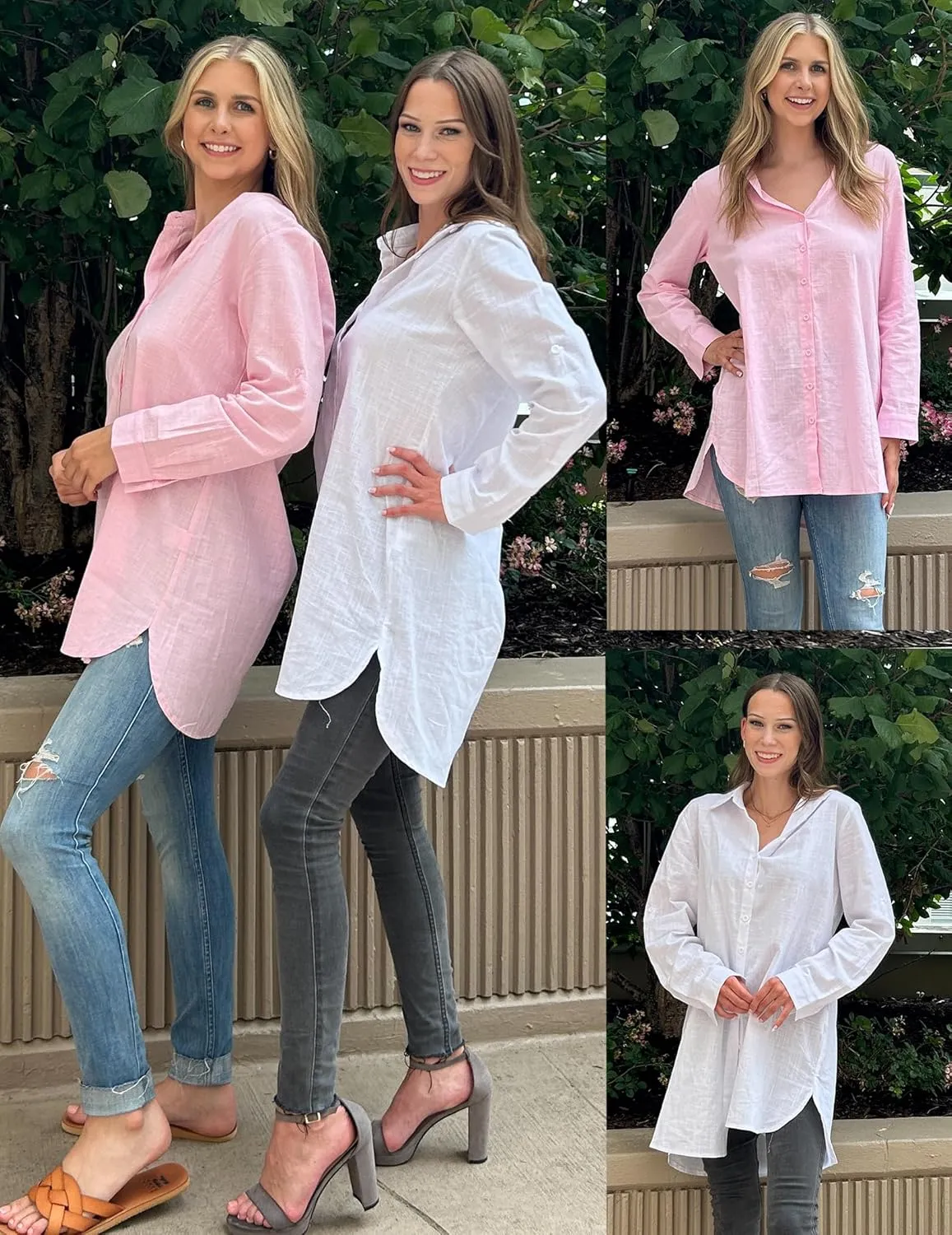 HOTOUCH Women Boyfriend Shirts Button Down Long Sleeve Blouse Cuffed Sleeve Collared Shirt