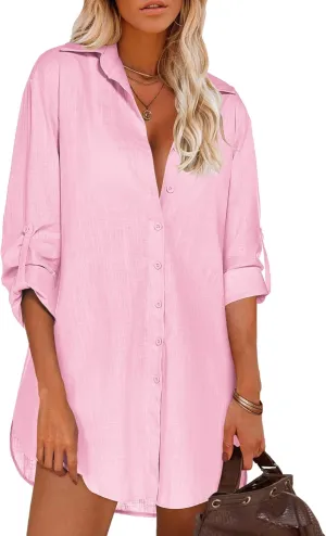 HOTOUCH Women Boyfriend Shirts Button Down Long Sleeve Blouse Cuffed Sleeve Collared Shirt