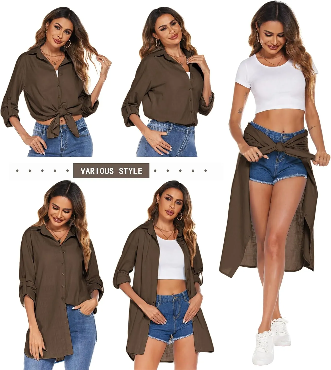 HOTOUCH Women Boyfriend Shirts Button Down Long Sleeve Blouse Cuffed Sleeve Collared Shirt