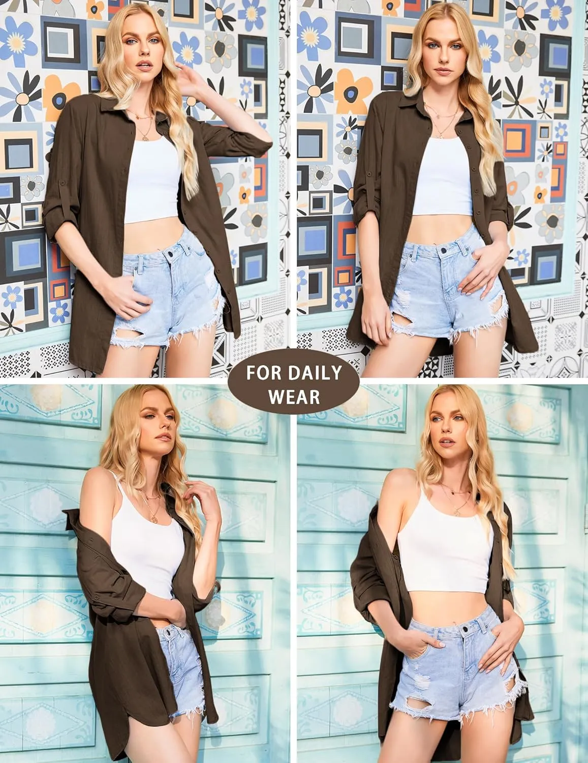 HOTOUCH Women Boyfriend Shirts Button Down Long Sleeve Blouse Cuffed Sleeve Collared Shirt