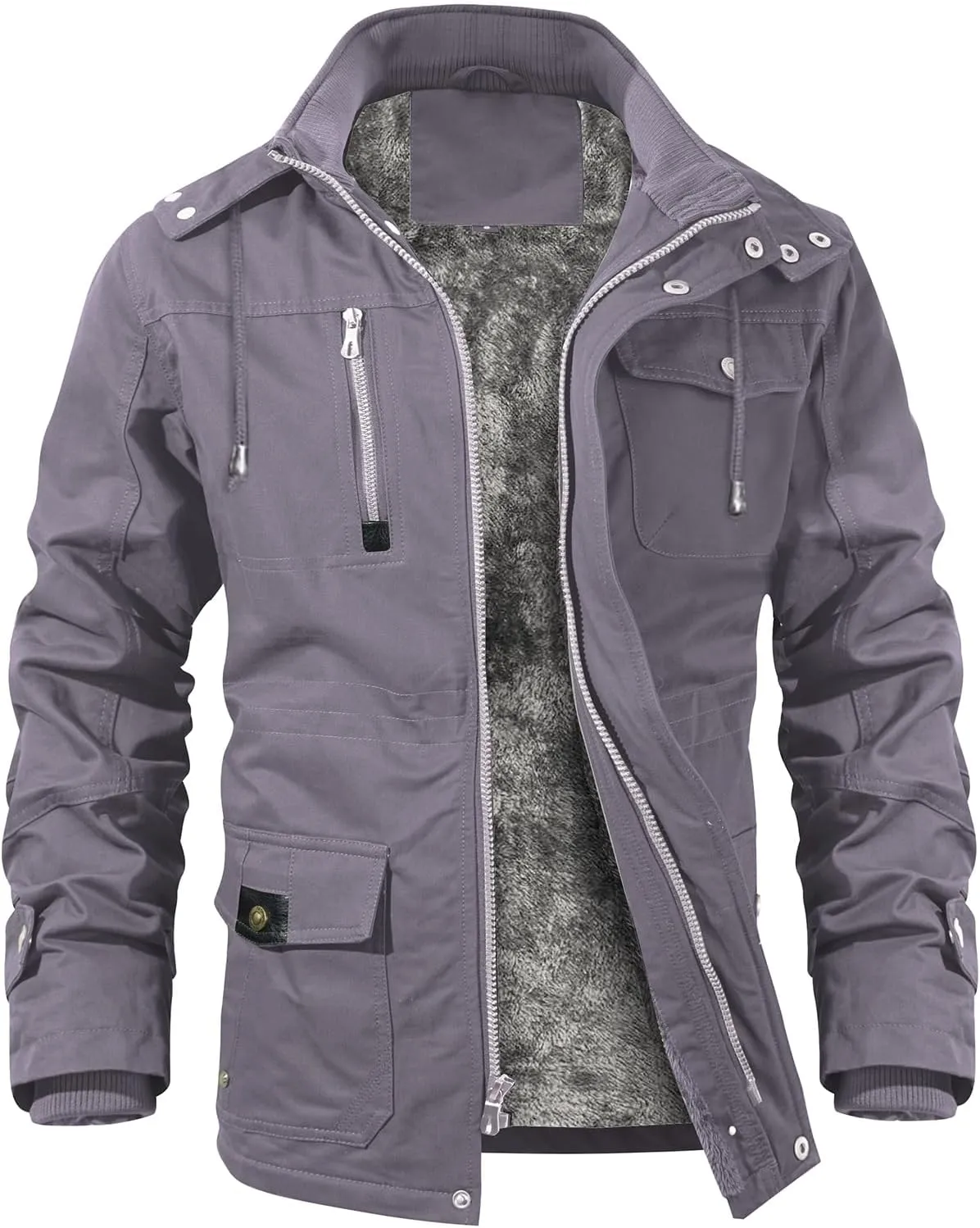 INVACHI Men's Winter Jacket Cotton Military Jackets Fleece Lined Thick Work Coats Warm Cargo Jackets with Hooded Pockets