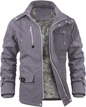 INVACHI Men's Winter Jacket Cotton Military Jackets Fleece Lined Thick Work Coats Warm Cargo Jackets with Hooded Pockets