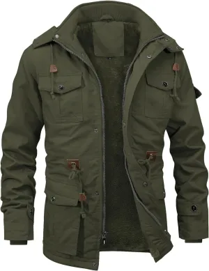 INVACHI Men's Winter Jacket Cotton Military Jackets Fleece Lined Thick Work Coats Warm Cargo Jackets with Hooded Pockets