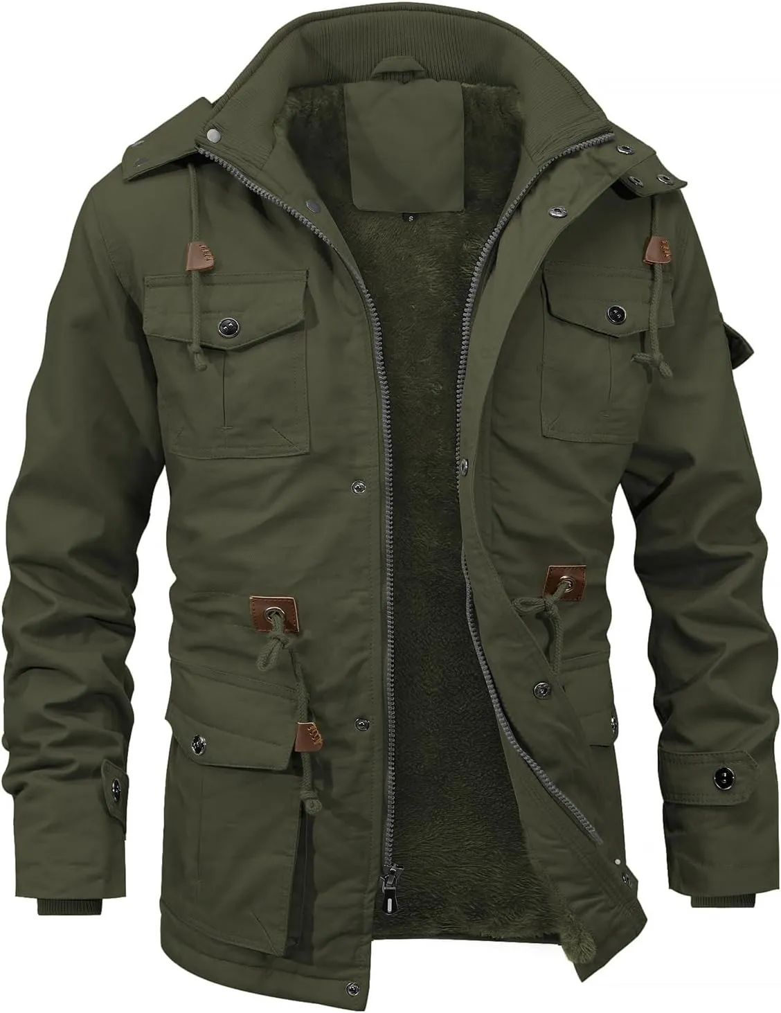 INVACHI Men's Winter Jacket Cotton Military Jackets Fleece Lined Thick Work Coats Warm Cargo Jackets with Hooded Pockets