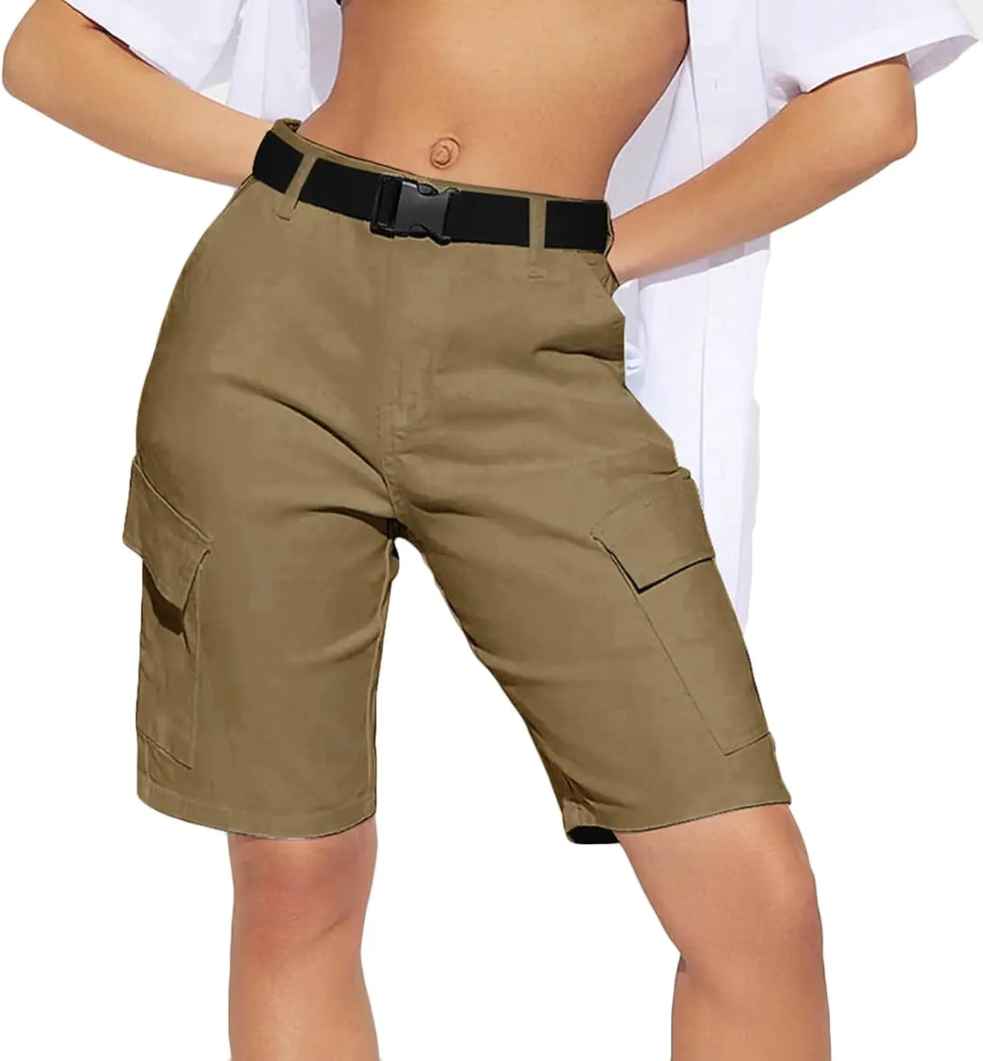 Jean Shorts for Women Trendy High Waisted Stretchy Denim Cargo Shorts Belted Summer Outdoor Wide Straight Leg Shorts