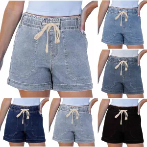 Jean Shorts Womens High Waisted Drawstring Pull On Short Jeans Baggy Casual Denim Chambray Shorts with Pockets