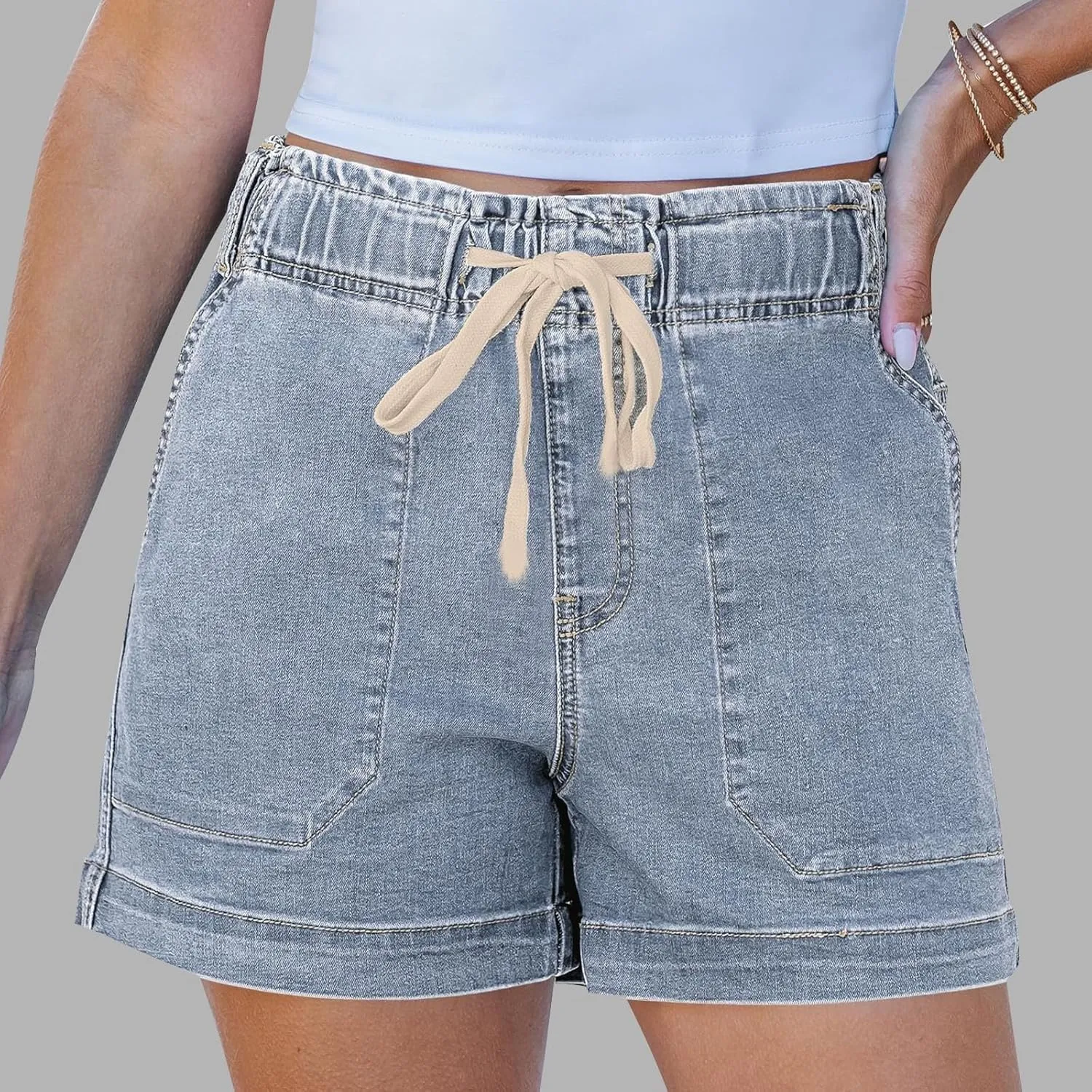Jean Shorts Womens High Waisted Drawstring Pull On Short Jeans Baggy Casual Denim Chambray Shorts with Pockets