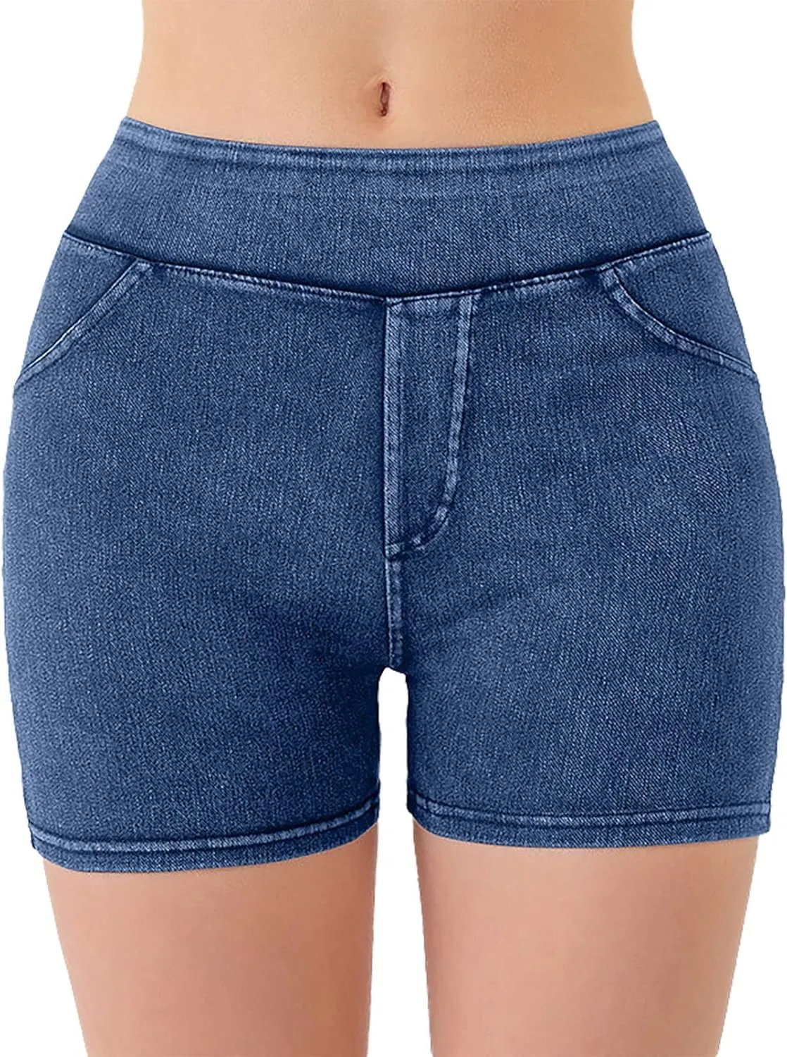 Jean Shorts Womens High Waisted Stretchy Tummy Control Denim Pull On Shorts Skinny Butt Lifting Jorts with Pockets