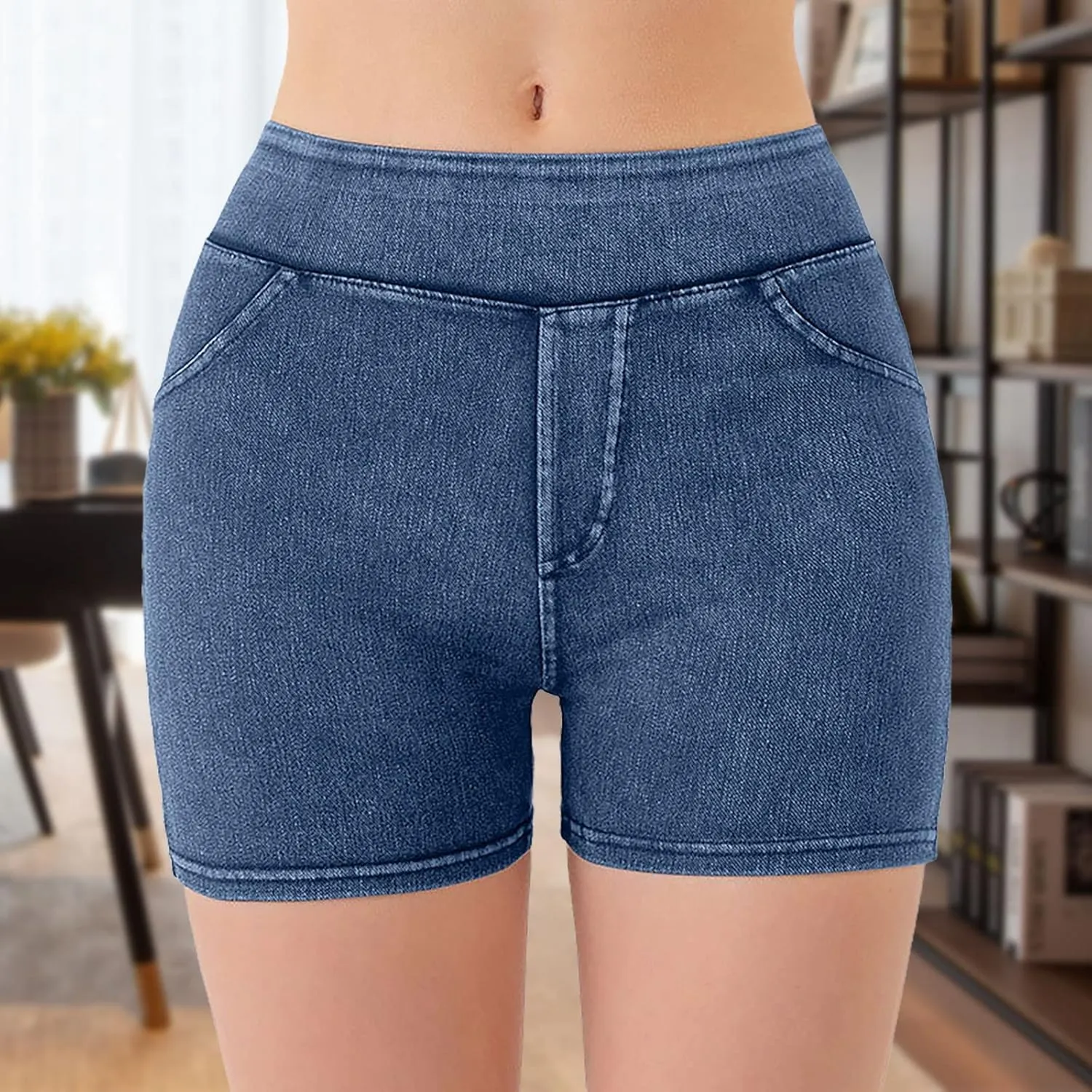 Jean Shorts Womens High Waisted Stretchy Tummy Control Denim Pull On Shorts Skinny Butt Lifting Jorts with Pockets