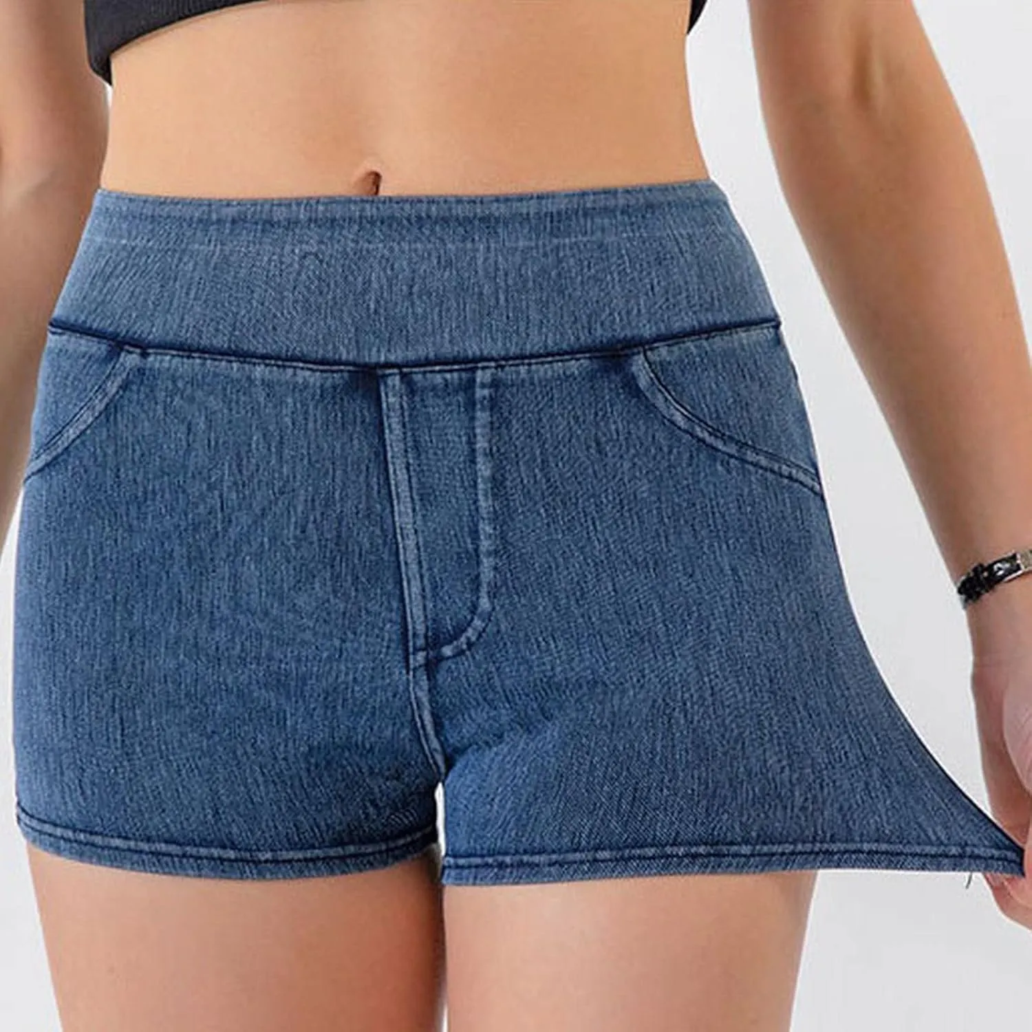 Jean Shorts Womens High Waisted Stretchy Tummy Control Denim Pull On Shorts Skinny Butt Lifting Jorts with Pockets