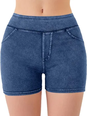 Jean Shorts Womens High Waisted Stretchy Tummy Control Denim Pull On Shorts Skinny Butt Lifting Jorts with Pockets