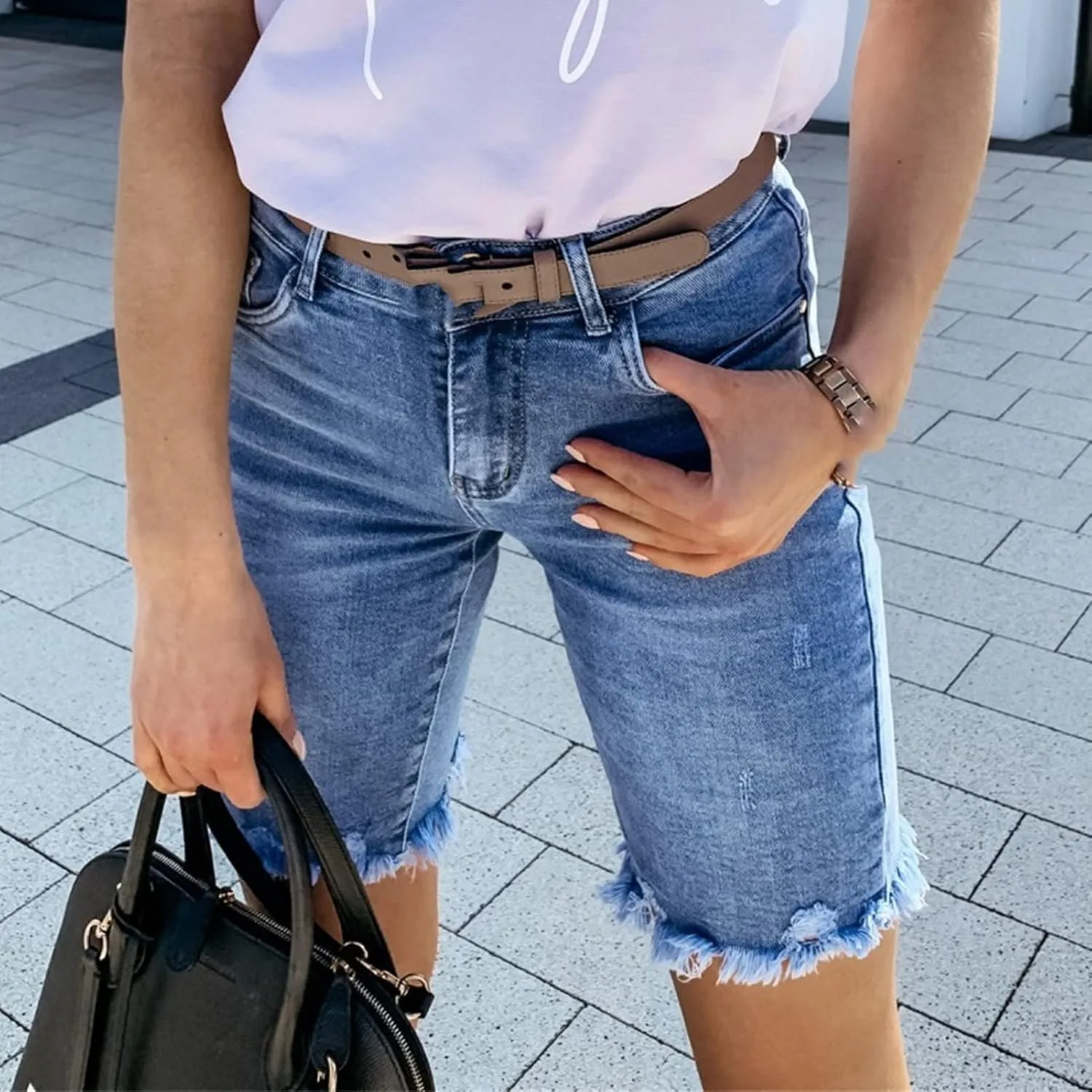 JEKE-DG Women's Jean Slimming Denim Shorts Summer High Waisted Jean Shorts Raw Hem Ripped Distressed Shorts