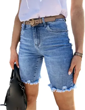 JEKE-DG Women's Jean Slimming Denim Shorts Summer High Waisted Jean Shorts Raw Hem Ripped Distressed Shorts