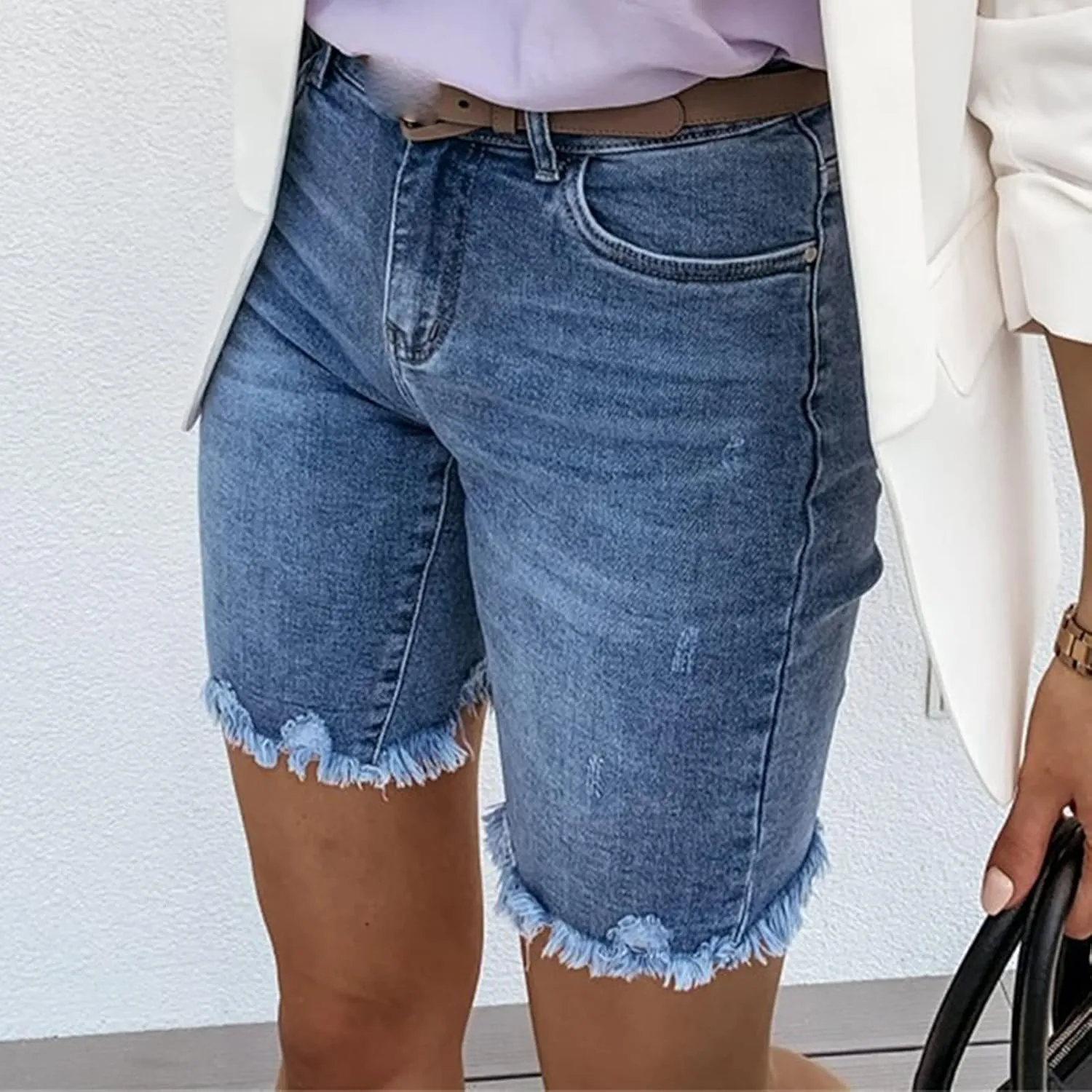 JEKE-DG Women's Jean Slimming Denim Shorts Summer High Waisted Jean Shorts Raw Hem Ripped Distressed Shorts