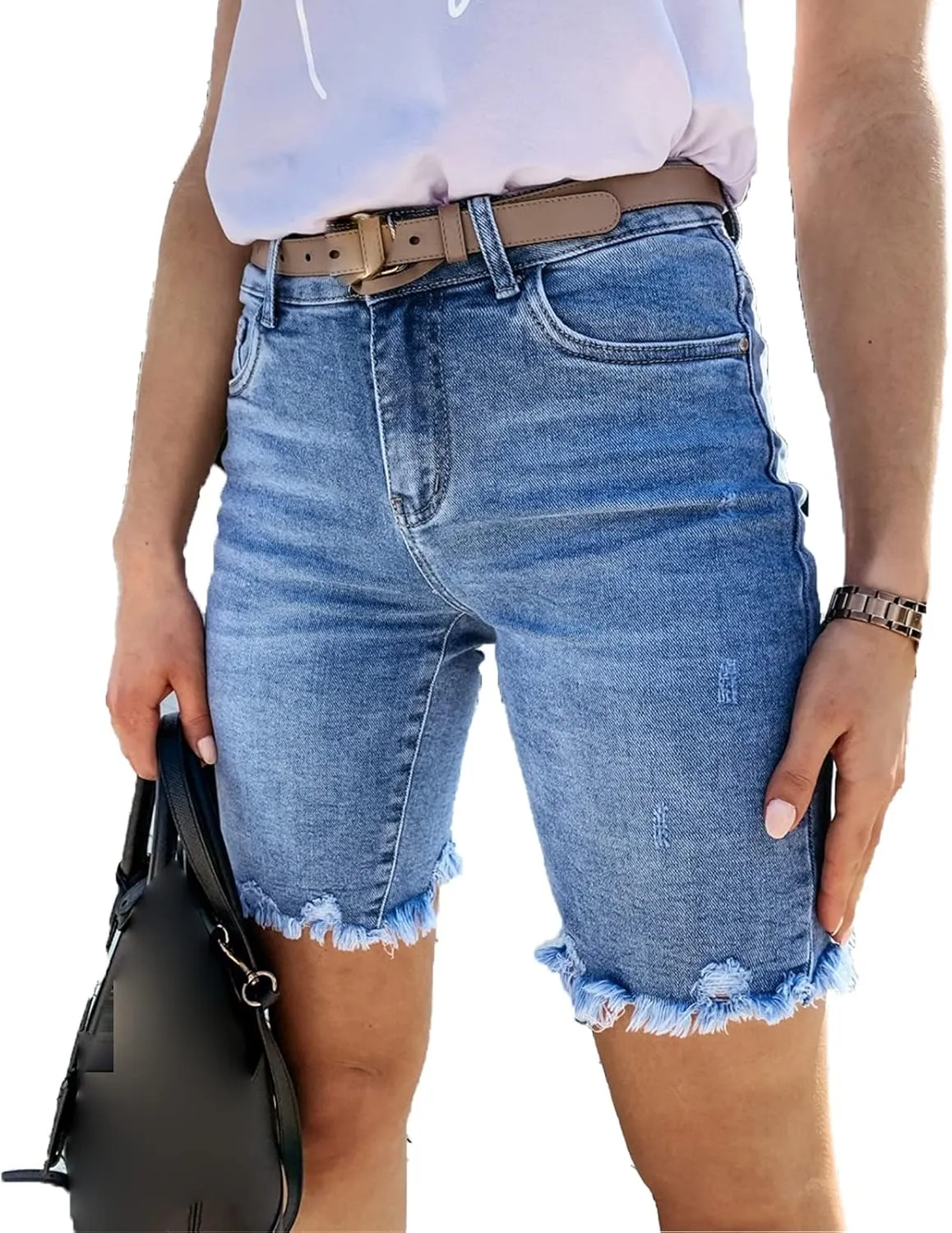JEKE-DG Women's Jean Slimming Denim Shorts Summer High Waisted Jean Shorts Raw Hem Ripped Distressed Shorts