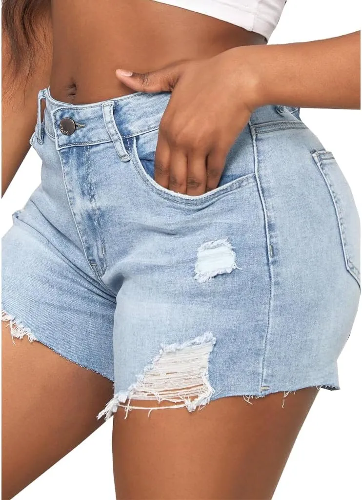 JTNFairy Women Casual High Waisted Denim Shorts Frayed Raw Hem Ripped Jeans Shorts