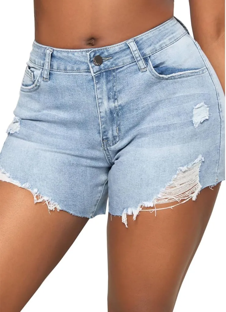 JTNFairy Women Casual High Waisted Denim Shorts Frayed Raw Hem Ripped Jeans Shorts